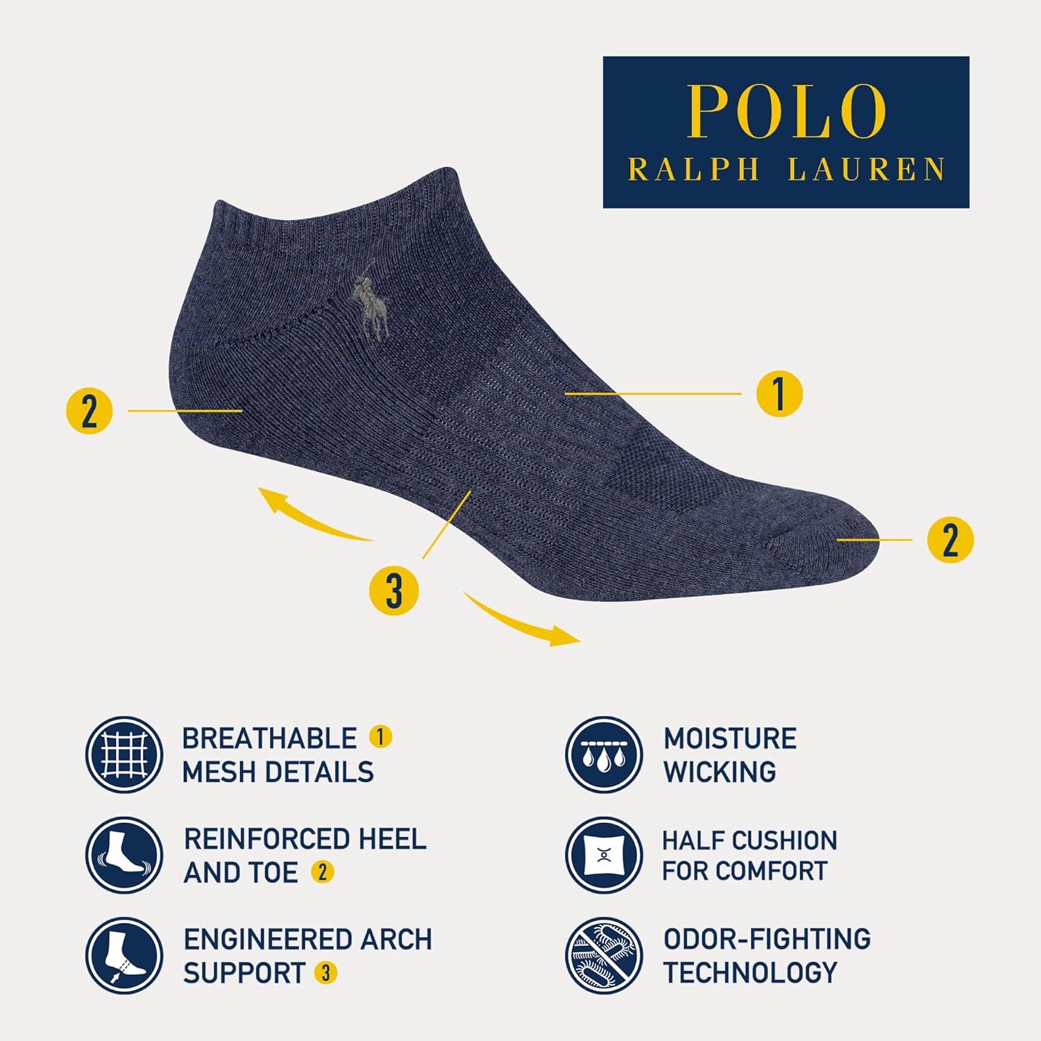 POLO RALPH LAUREN Мужские спортивные низкие хлопковые носки (6 пар), Denim — фото 2