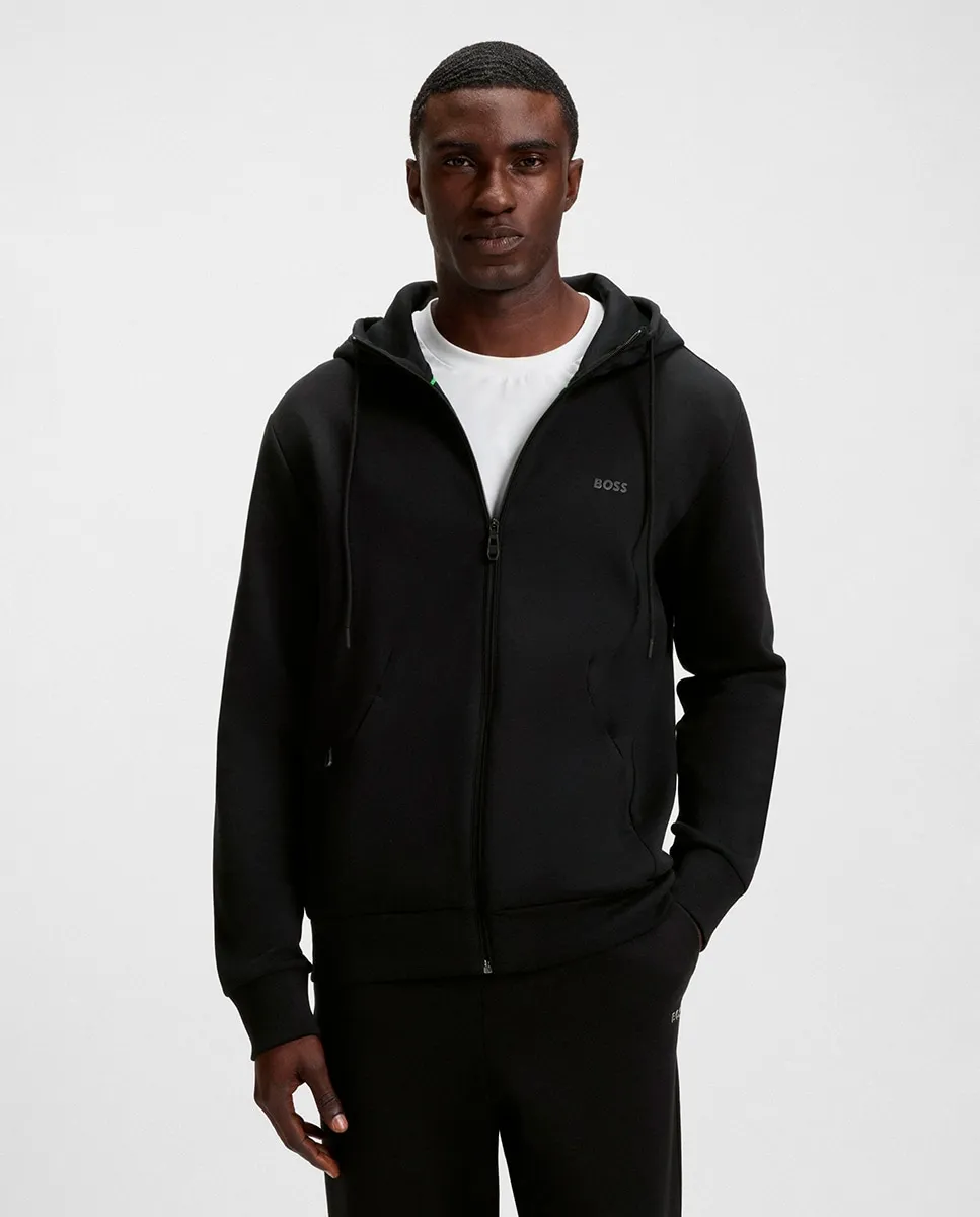 

Мужская толстовка с капюшоном и застежкой-молнией из эластичного хлопка с принтом логотипа Boss, черный