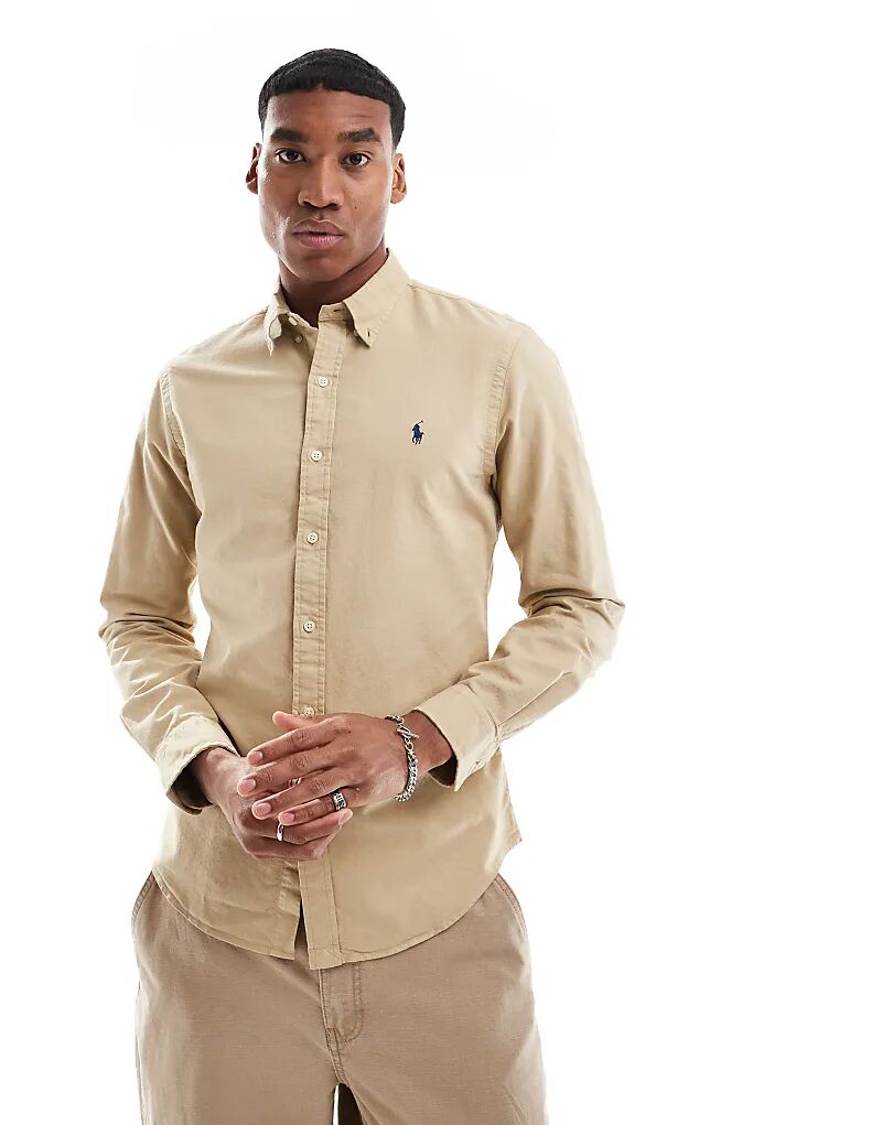 

Рубашка оксфорд с логотипом icon fit, бежевого цвета, окрашенная в готовом виде Polo Ralph Lauren