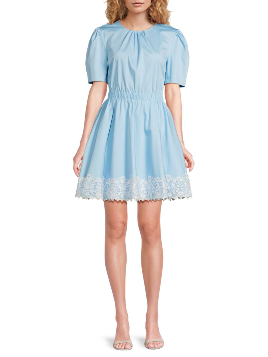 

Мини-платье с вышитым подолом и рукавами-буфами Jason Wu, цвет Sky Blue