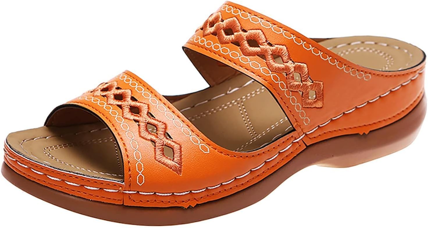 

Ортопедические сандалии Mmoneyake для женщин, летние сандалии на пляж, повседневные винтажные балетки, вышитые шлепанцы, сандалии на лето с поддержкой свода, прогулочная обувь, оранжевый