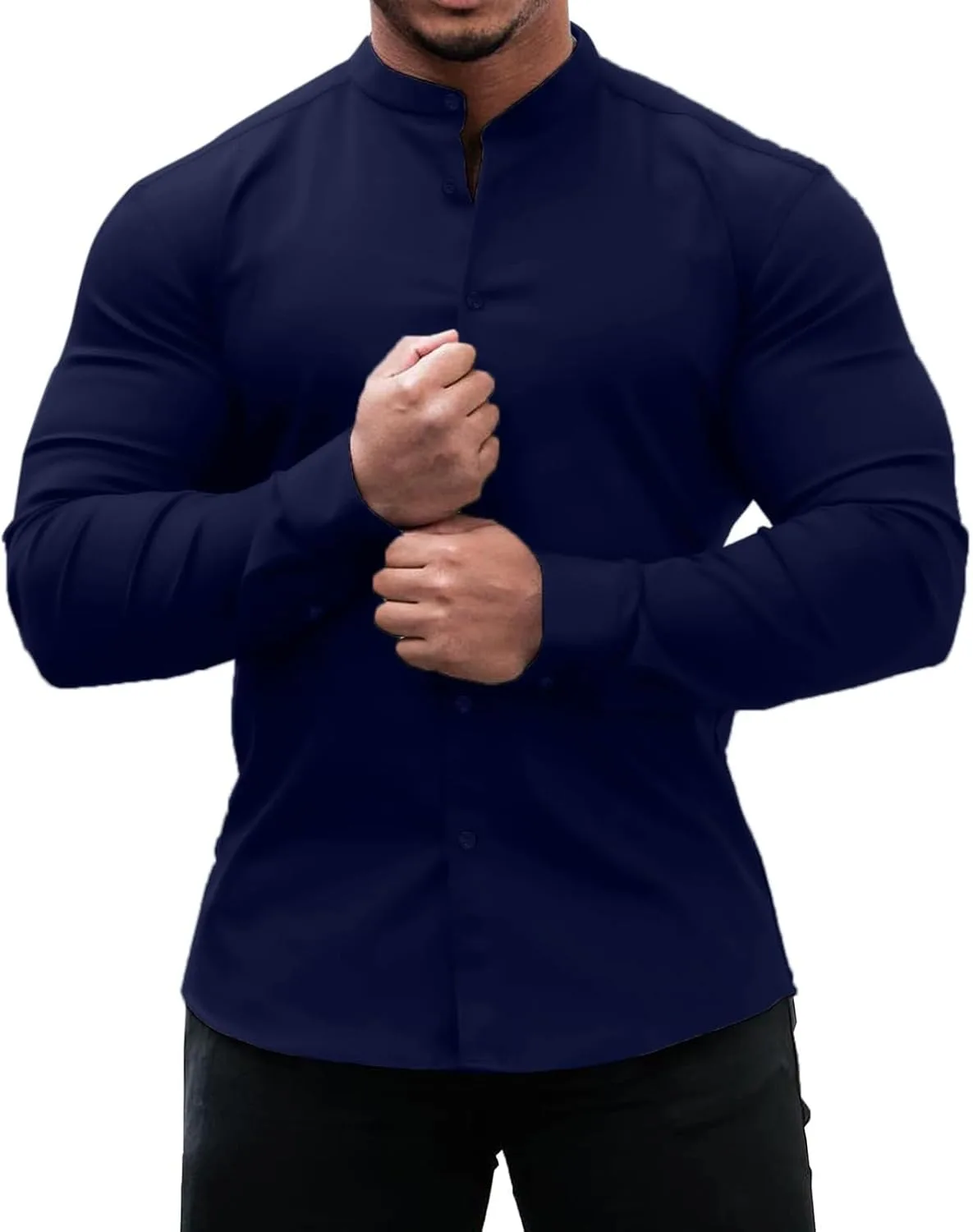 Мужская рубашка Slim Fit для офиса и повседневной носки с удобным отложным воротником на пуговицах Generic, темно-синий