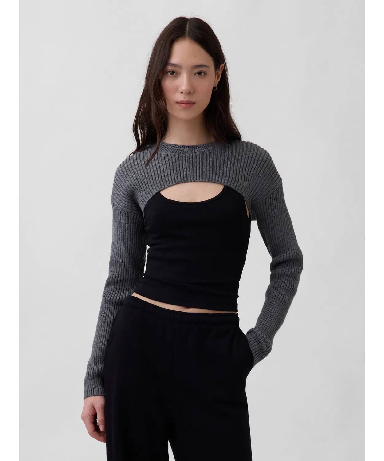 Свитер-болеро из хлопка, свободный крой, Gap, офф-вайт — фото 3