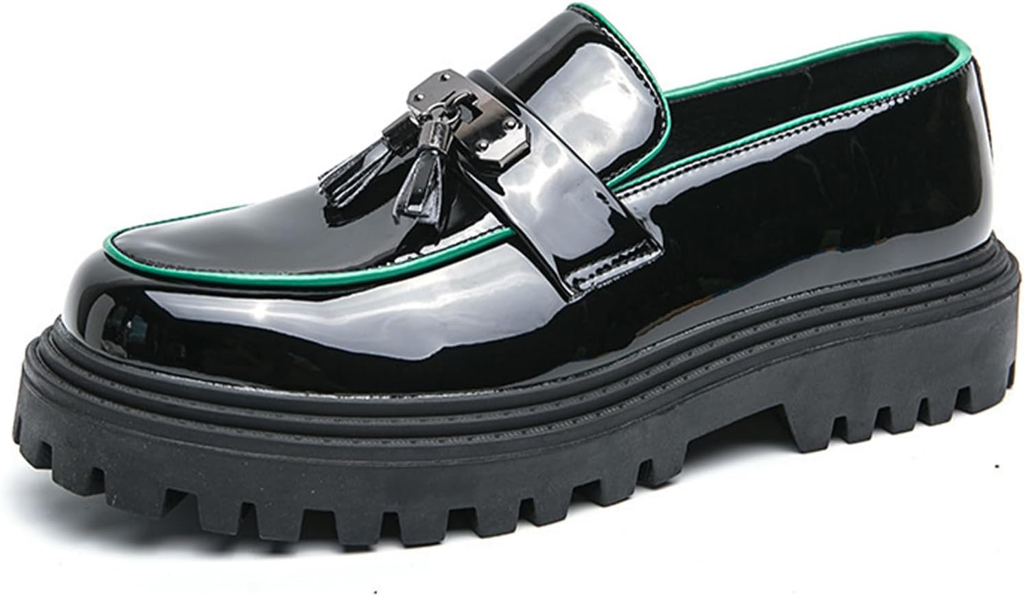 

Мужские лоферы на толстой подошве из лакированной кожи с металлическим декором, слипоны с ребристой подошвой, деловые туфли, повседневные нескользящие амортизирующие обувь Qooel, черный/зеленый