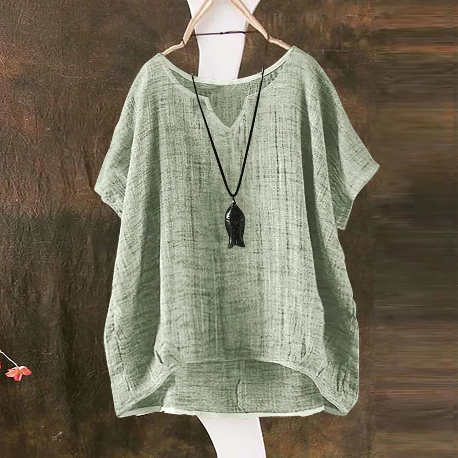 Футболка богемная из льна и хлопка оверсайз, A-mint Green — фото 2