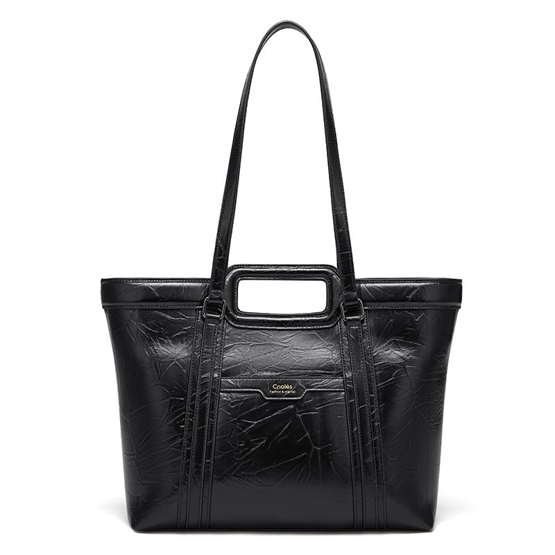 

CNOLES Женская черная кожаная сумка-шоппер с блестящей текстурой, Black (Fits 14-Inch Laptops)