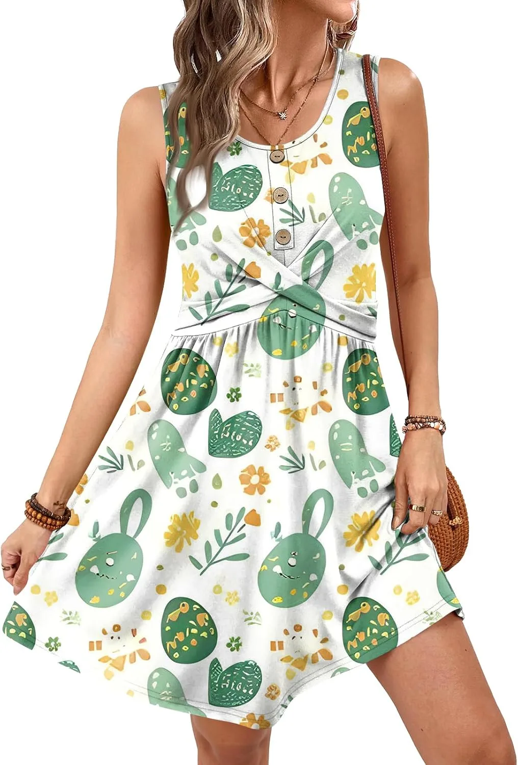 Женское нарядное повседневное летнее платье с круглым вырезом, 2026 год, без рукавов, с пуговицами спереди, А-силуэт, модные платья с принтом Generic, светло-зеленый