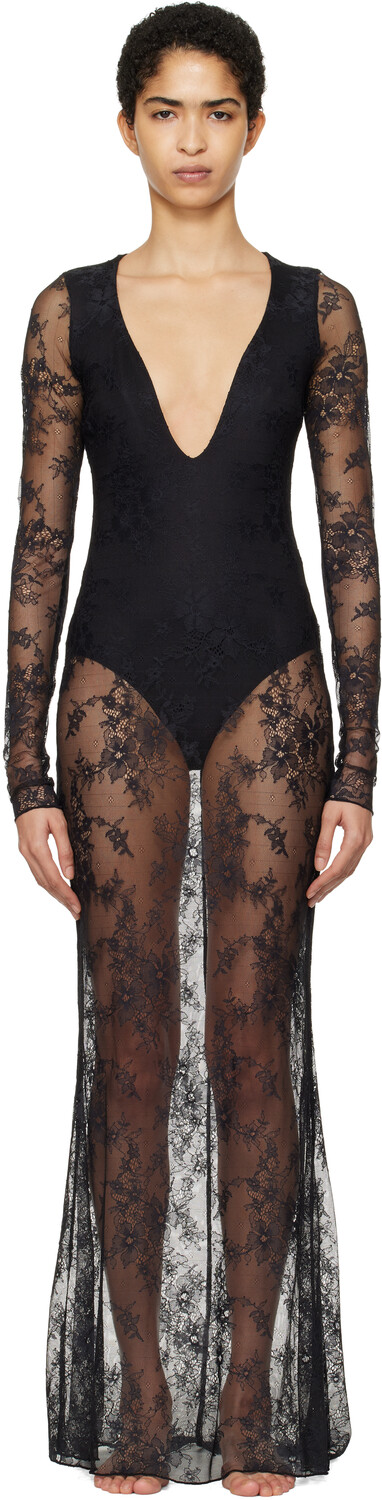 

Платье макси KIM Black Ultra Fine Lace с глубоким вырезом SKIMS