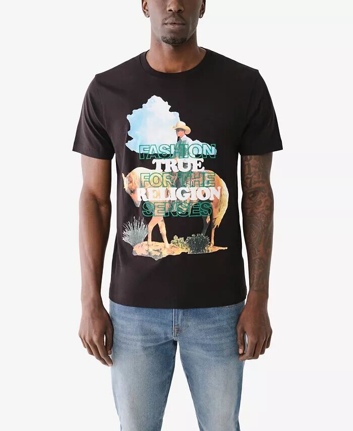 

Мужские ковбойские футболки с короткими рукавами и вышивкой True Religion, черный