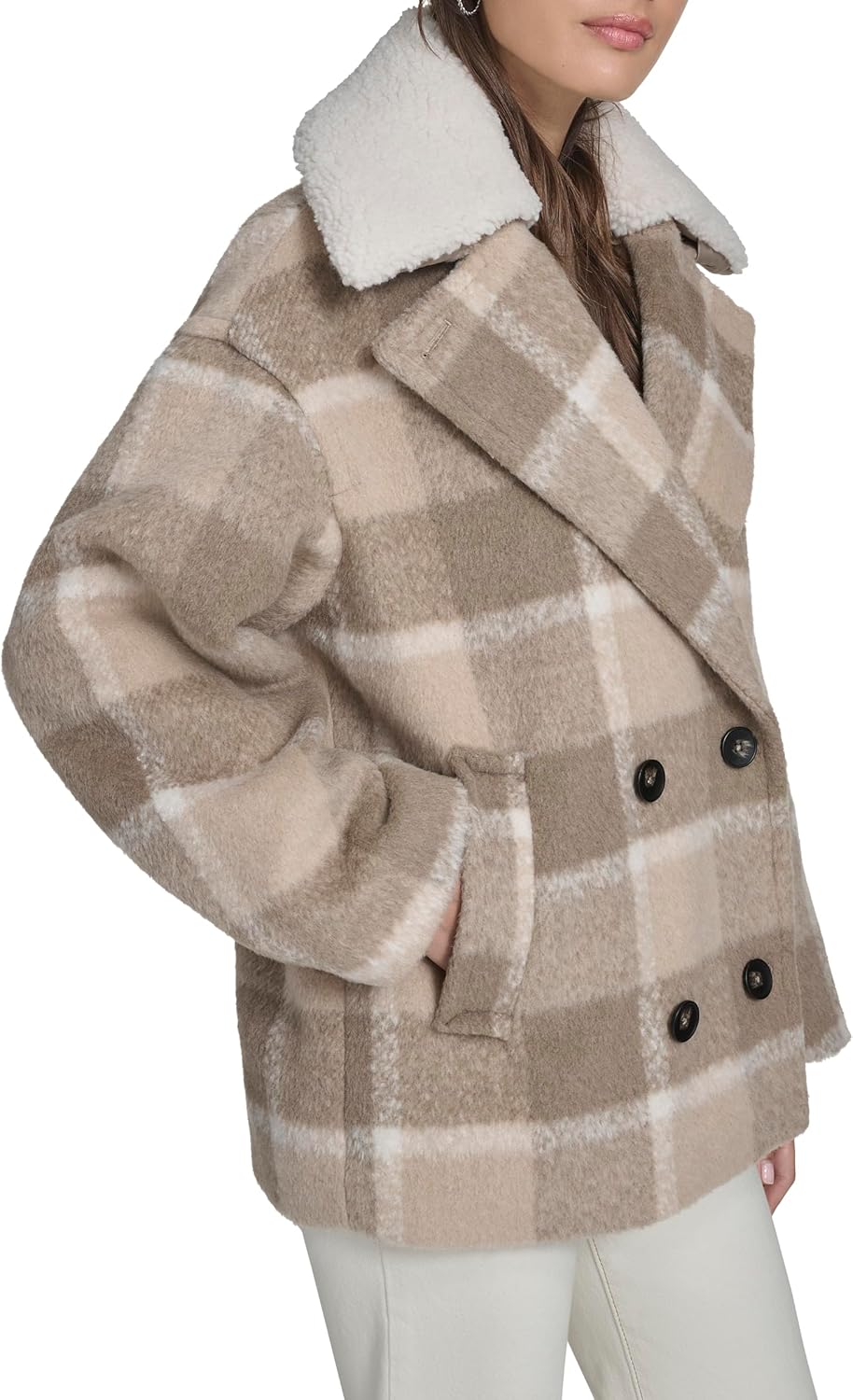 Женское шерстяное пальто Levi's со съемным воротником из шерпы, Camel Deck Plaid — фото 3