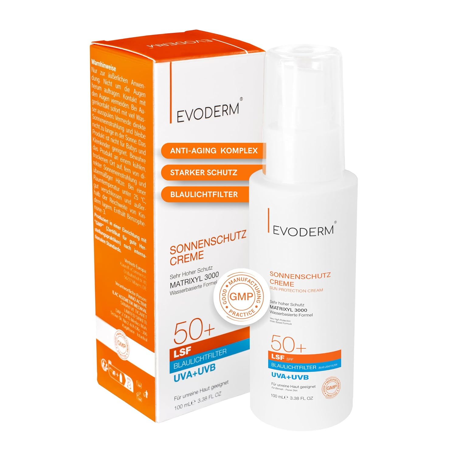 

Солнцезащитный крем sonnenschutzcreme lsf 50+ - uva+uvb + blaulichtfilter mit matrixyl 3000 Evoderm, объем 100 мл