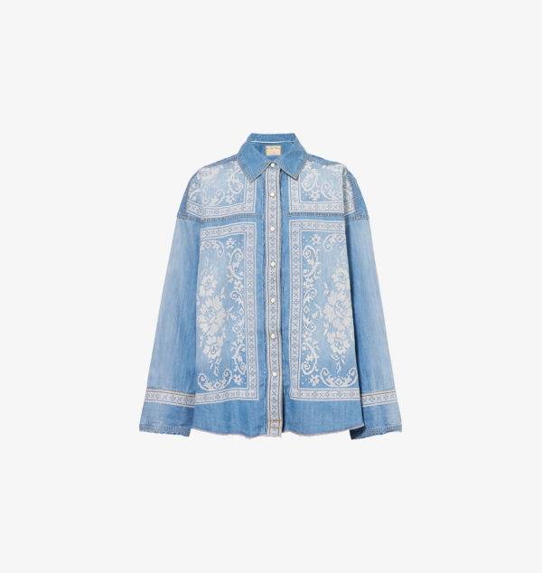 

Рубашка джинсовая с разрезом и кружевной вышивкой Free People, цвет med rancher wash
