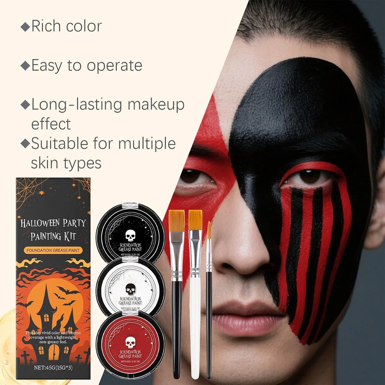 Грим для лица и тела White Foundation Gothic, набор из 3 цветов (белый, черный, красный) с кистями — фото 3