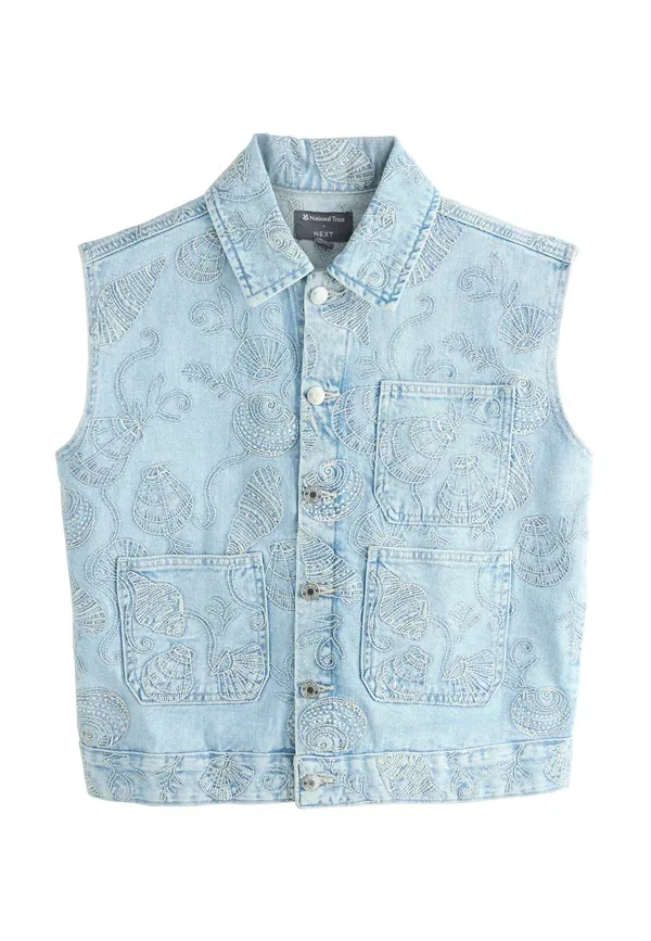 Жилет Tall fit national trust x denim embroidered gilet, Next, светло-голубой