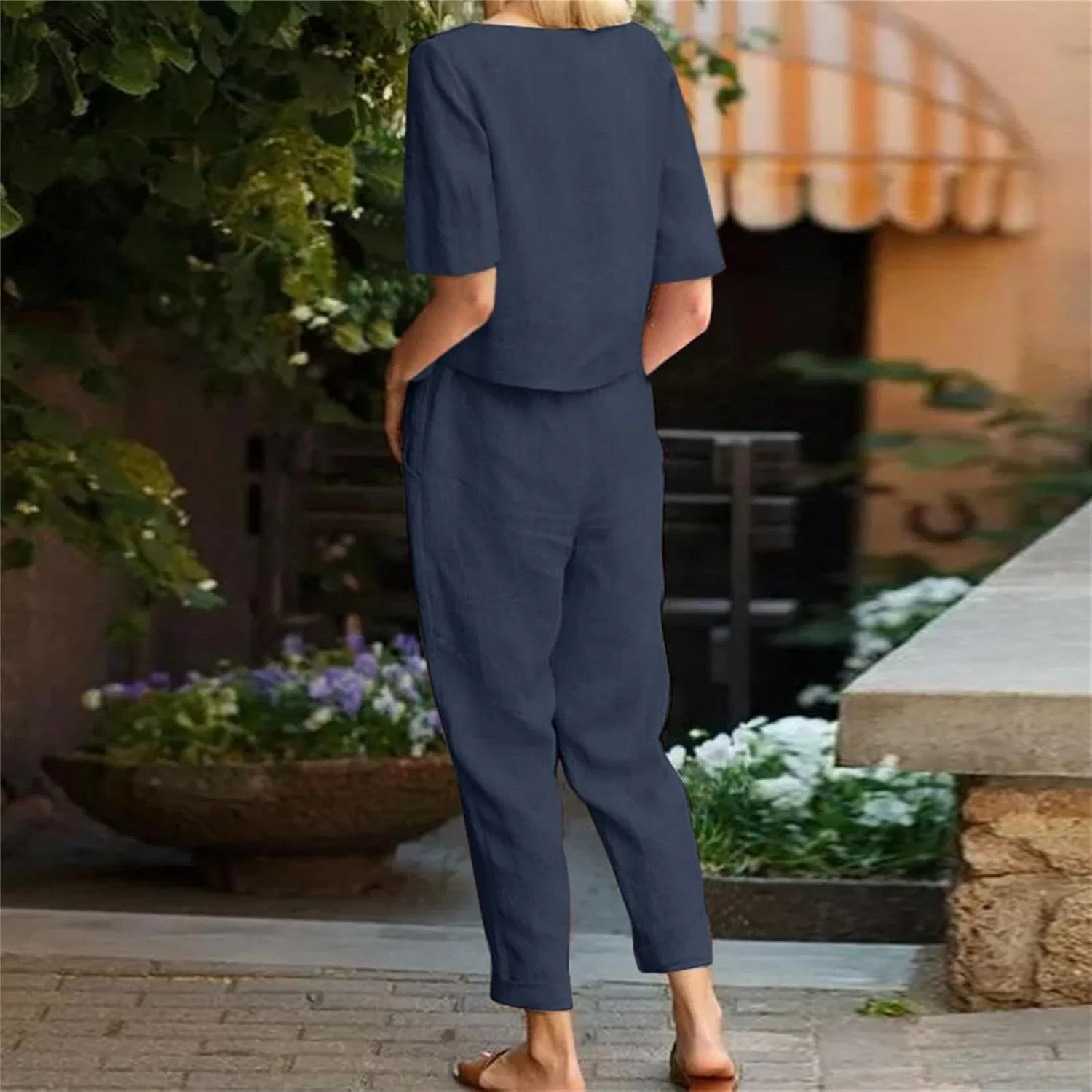 Женский костюм из льна и хлопка, с шортами и топом, Blue — фото 4