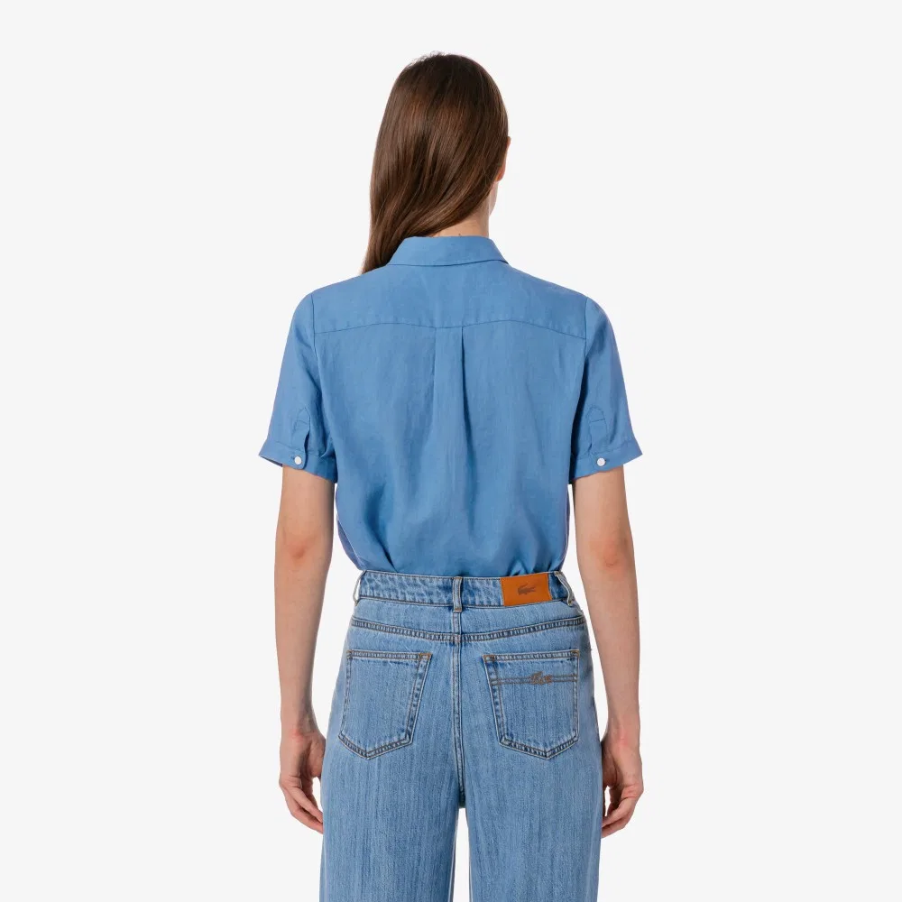 Рубашка Lacoste льняная женская бирюзовая с коротким рукавом — фото 3