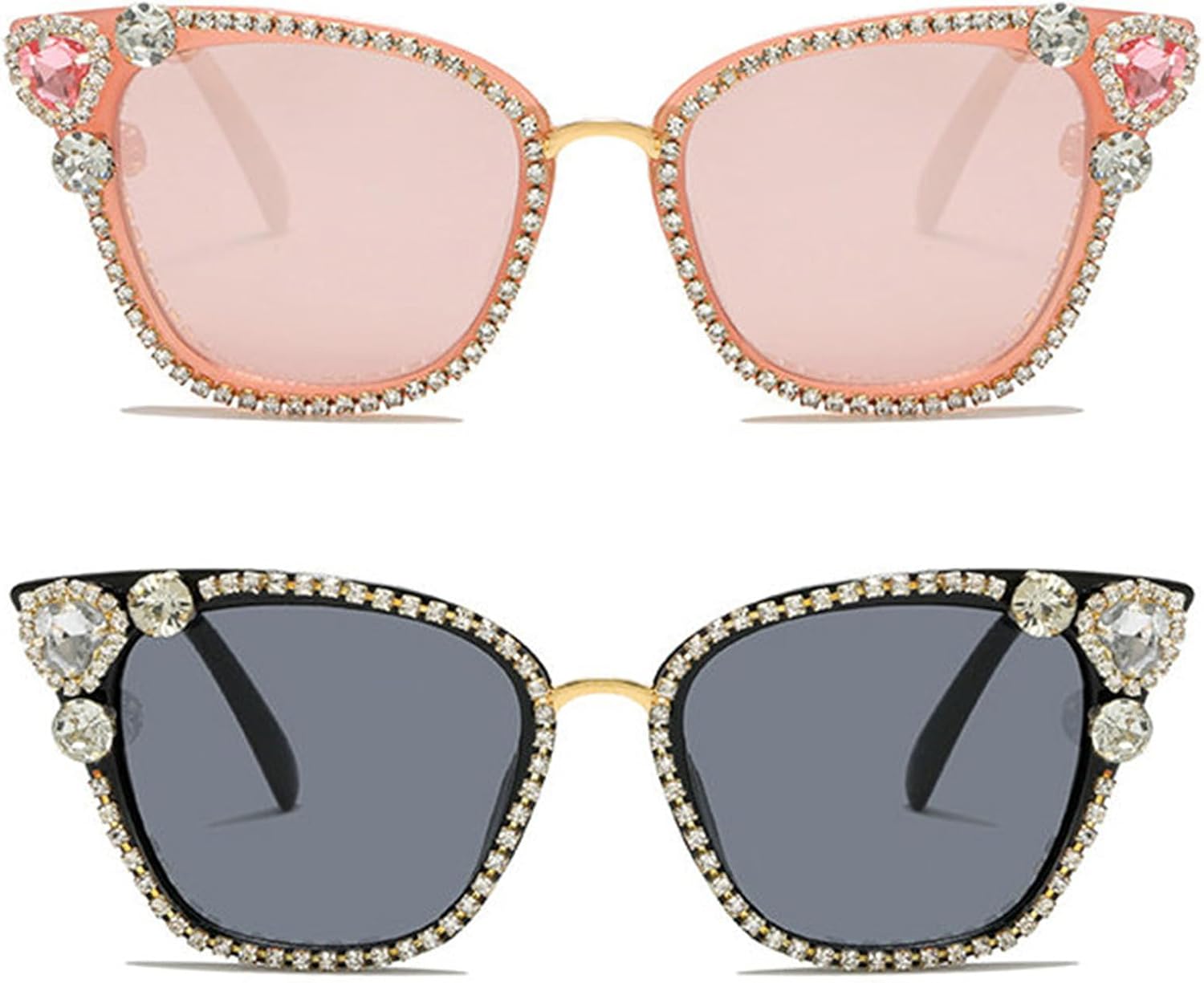 

Солнцезащитные очки Willochra с блестящими бриллиантами и стразами для женщин, блестящая оправа, кристаллы, «кошачий глаз», яркие цвета, украшения для вечеринки, 2pcs-black&pink