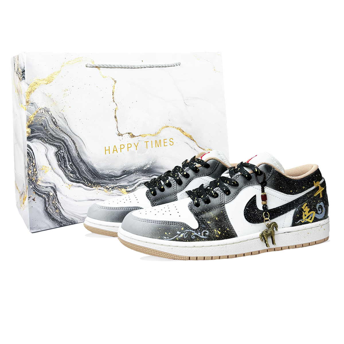 

Jordan Кроссовки Air 1 Slip Resistant Abrasion Resistant Low top Vintage для мужчин, черные с золотом