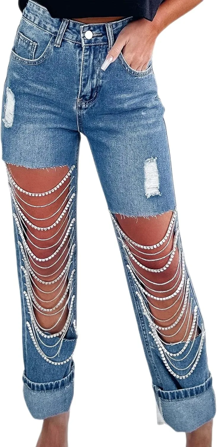 

Perbai женские джинсы с высокой талией, рваные, прямые, с цепочкой и стразами