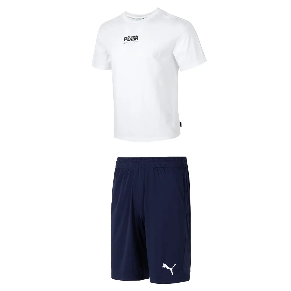

Повседневный спортивный мужской комплект: белый топ + синие шорты Puma, белый
