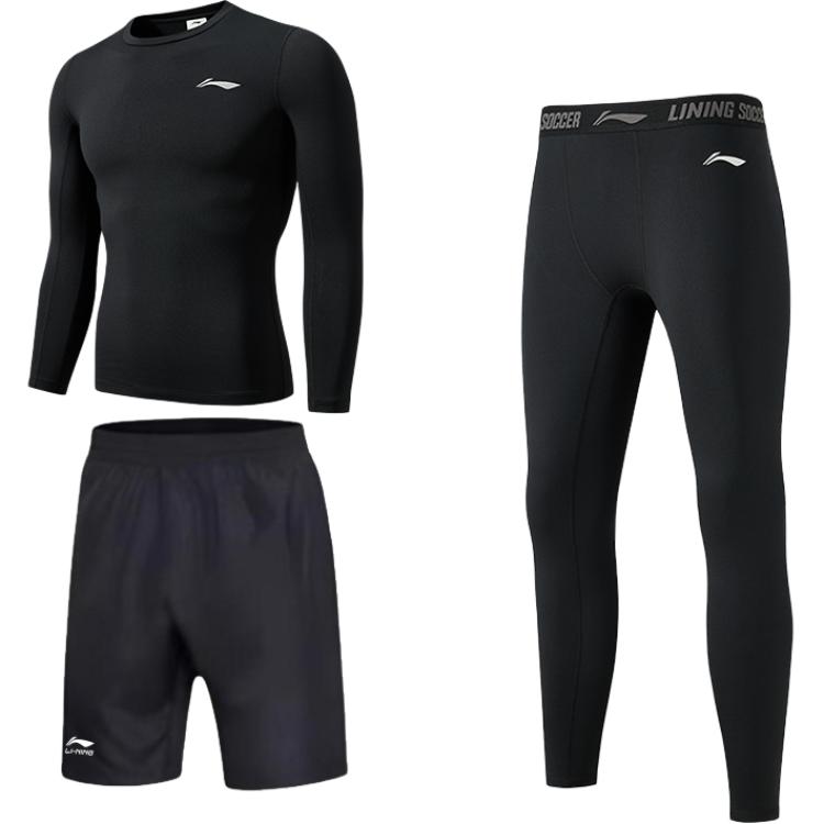 

Мужской спортивный костюм Li Ning с круглым вырезом, умеренный крой., fall winter clothing sets three-piece set (черный fleece-lined top+черный shorts+черный fleece-lined bottom)