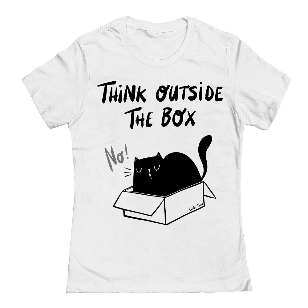 

Футболка с изображением забавного черного кота для подростков «Think Beyond the Box», белый