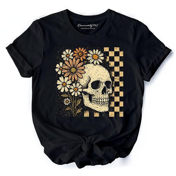 

Футболка с клетчатым цветочным скелетом, винтажный череп с ромашками Ornamentallyyou, Black, Черный, Футболка с клетчатым цветочным скелетом, винтажный череп с ромашками Ornamentallyyou, Black