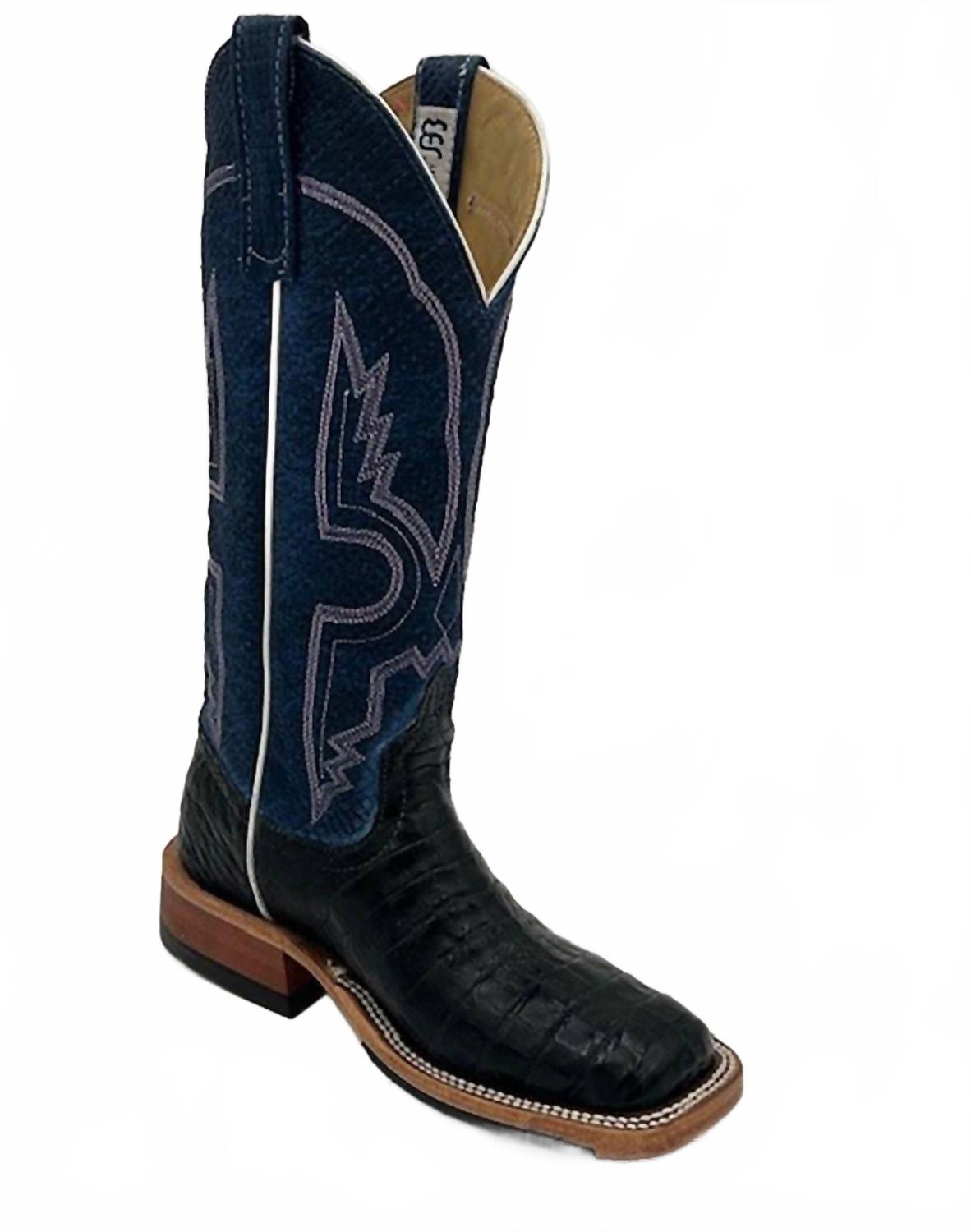 Женские ковбойские сапоги Custom Exotic из кожи каймана, черные с синим узором Chex Anderson Bean Boots — фото 2