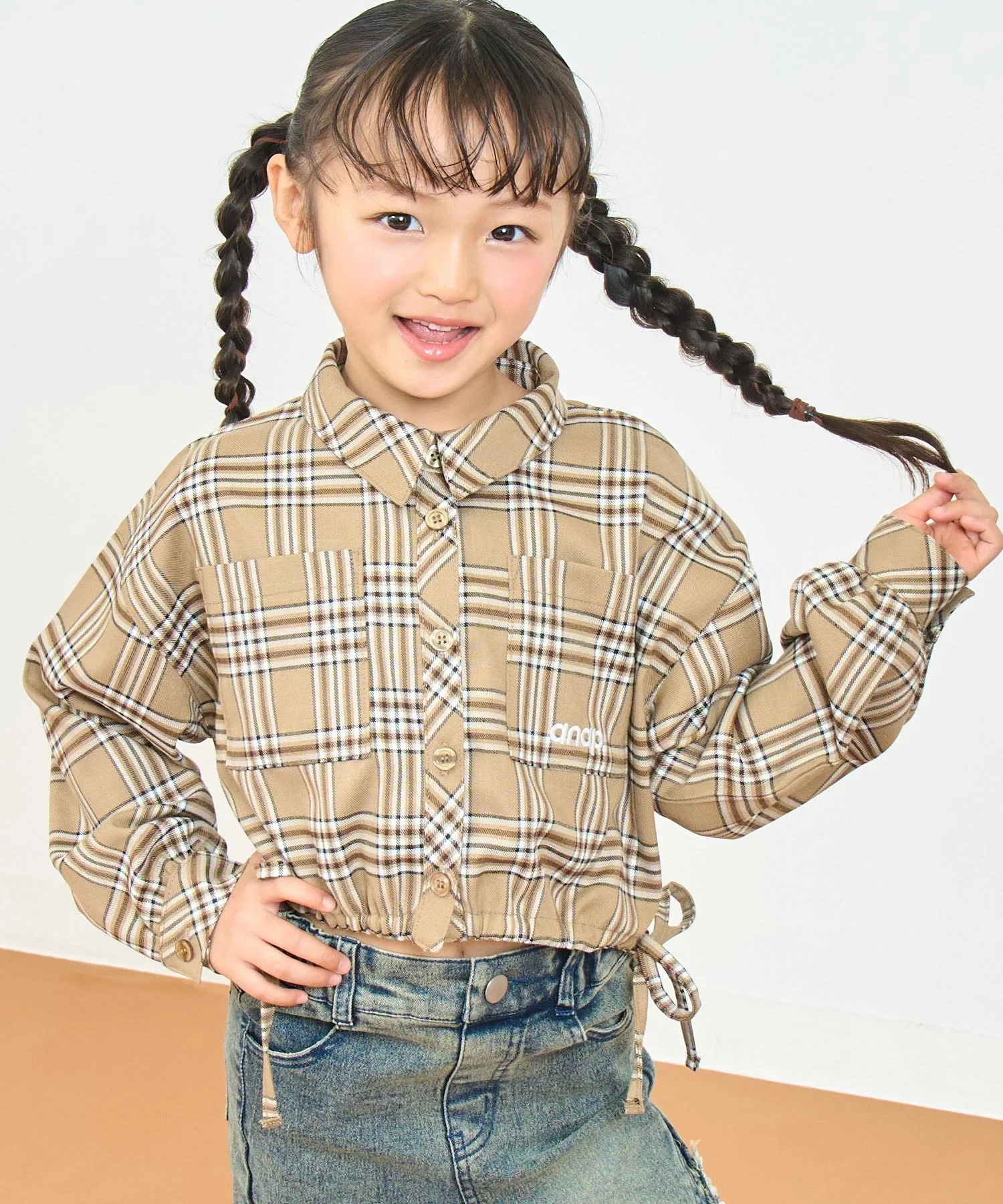 Детская рубашка в клетку ANAP kids с боковой сборкой бежевая