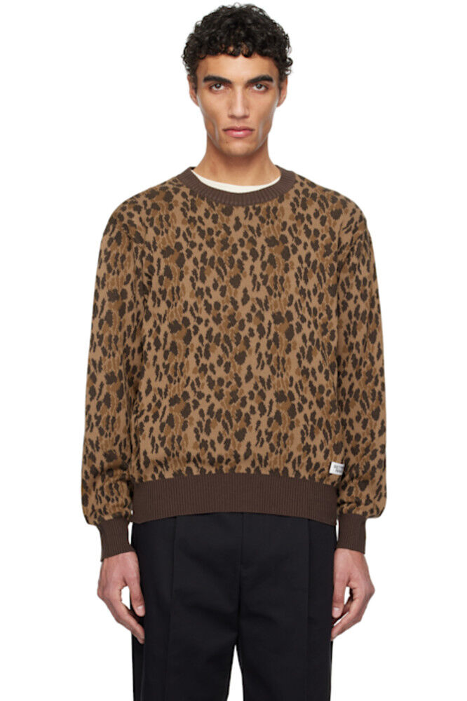 

Коричневый леопардовый жаккардовый вязаный свитер WACKO MARIA