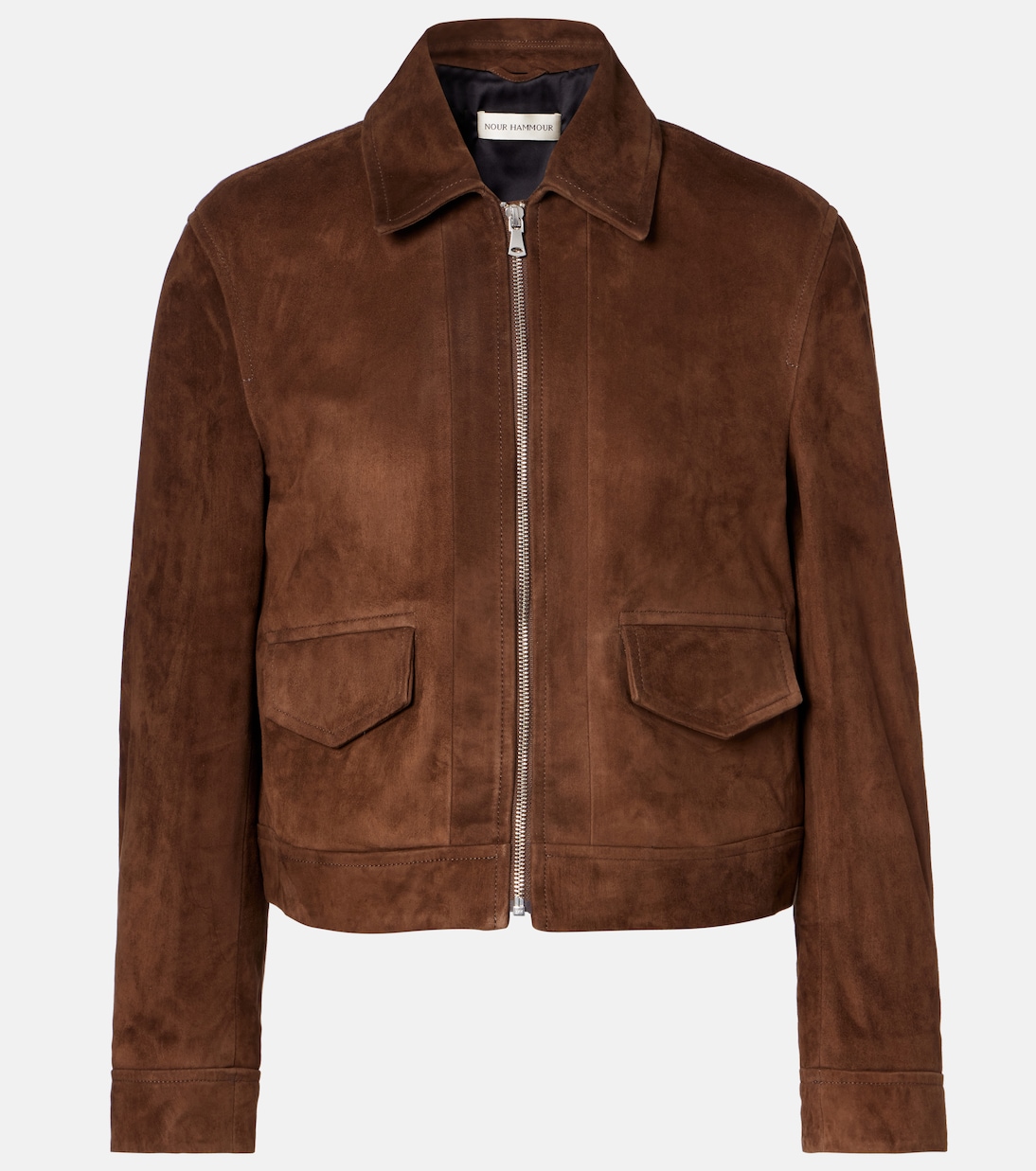

Короткая замшевая куртка-бомбер в коричневом цвете Nour Hammour, Brunette Suede