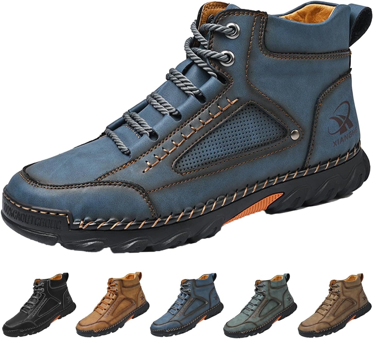 

Мужские полуботинки-чукка средней высоты, винтажные, комфортные, дышащие, ручная строчка, кожаные, на шнуровке, нескользящие, для путешествий, походов и повседневной носки Hneowgn, синий