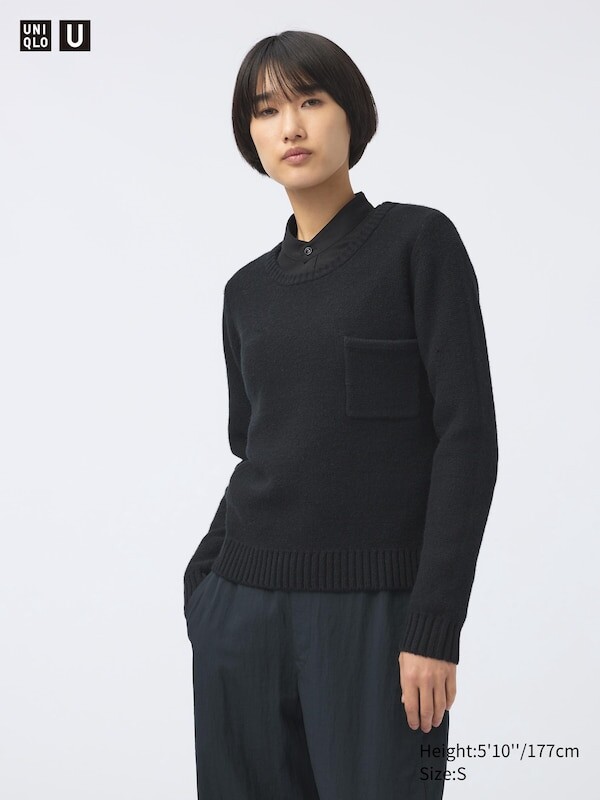

Джемпер с круглым вырезом из овечьей шерсти карман Uniqlo, черный