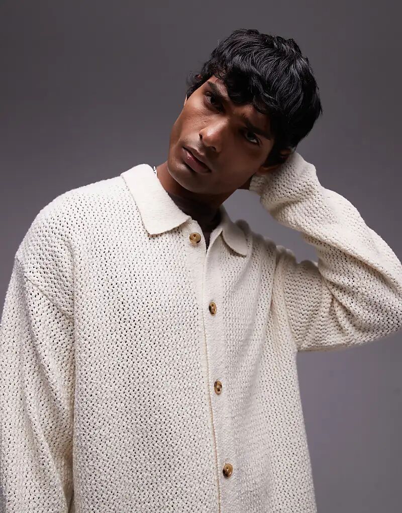 

Рубашка с длинными рукавами и открытой вязкой кремового цвета Topman