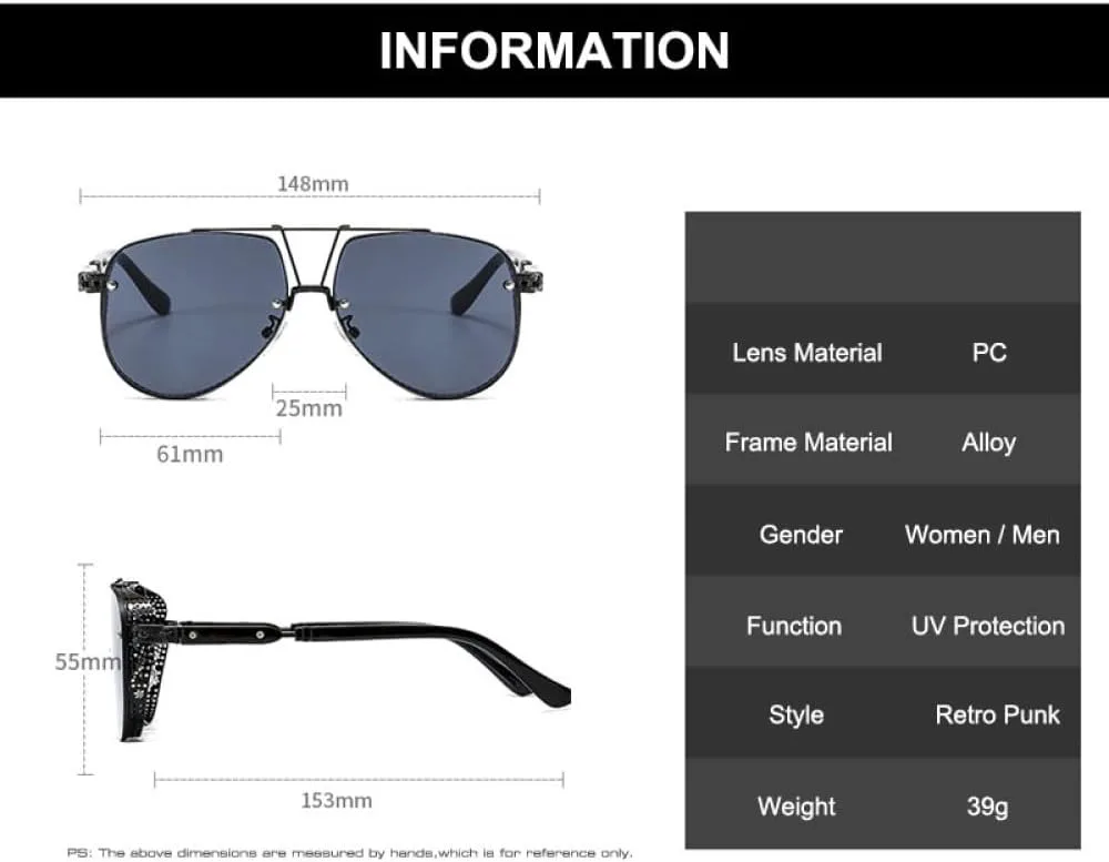 

Винтажные готические солнцезащитные очки в стиле стимпанк для женщин, ретро-очки в стиле металл-панк для мужчин, защита от ультрафиолета UV400 DSXLY, Black Grey