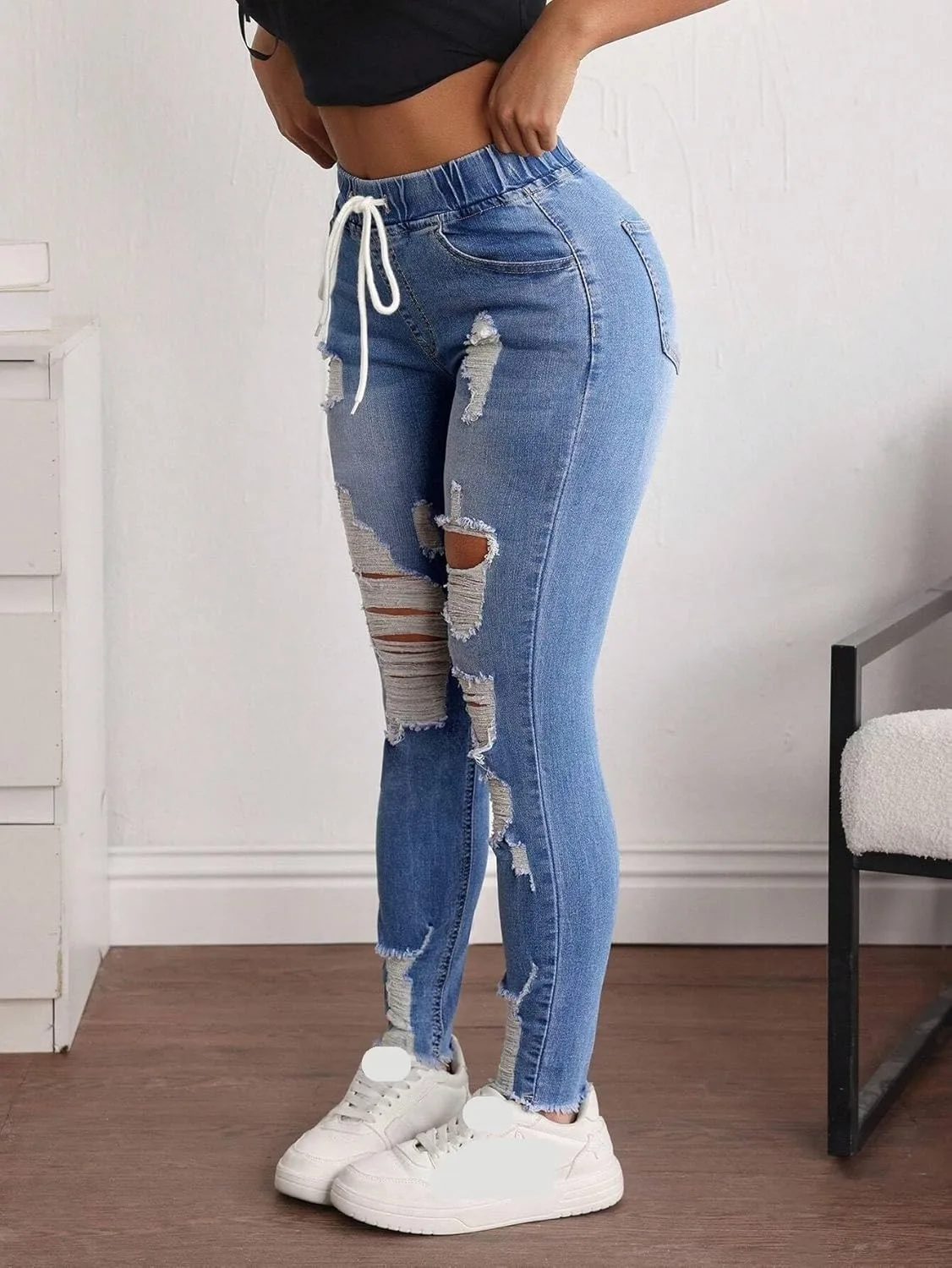 Женские потертые джинсы с эффектом стройности в стиле casual Generic, синий — фото 4