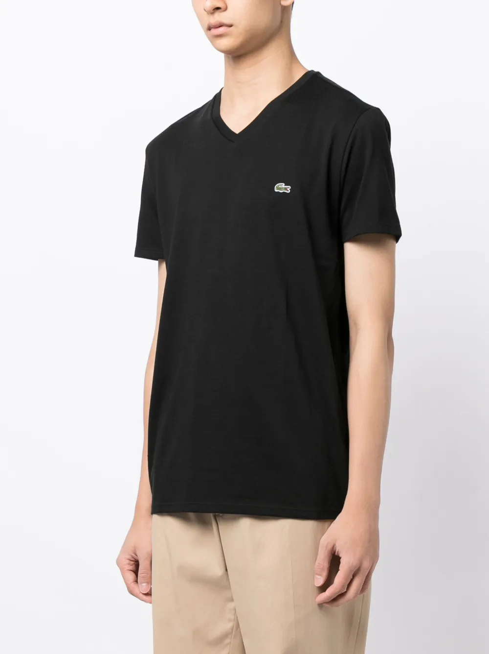 Футболка из хлопка с V-образным вырезом и нашивкой-логотипом Lacoste, черный — фото 3