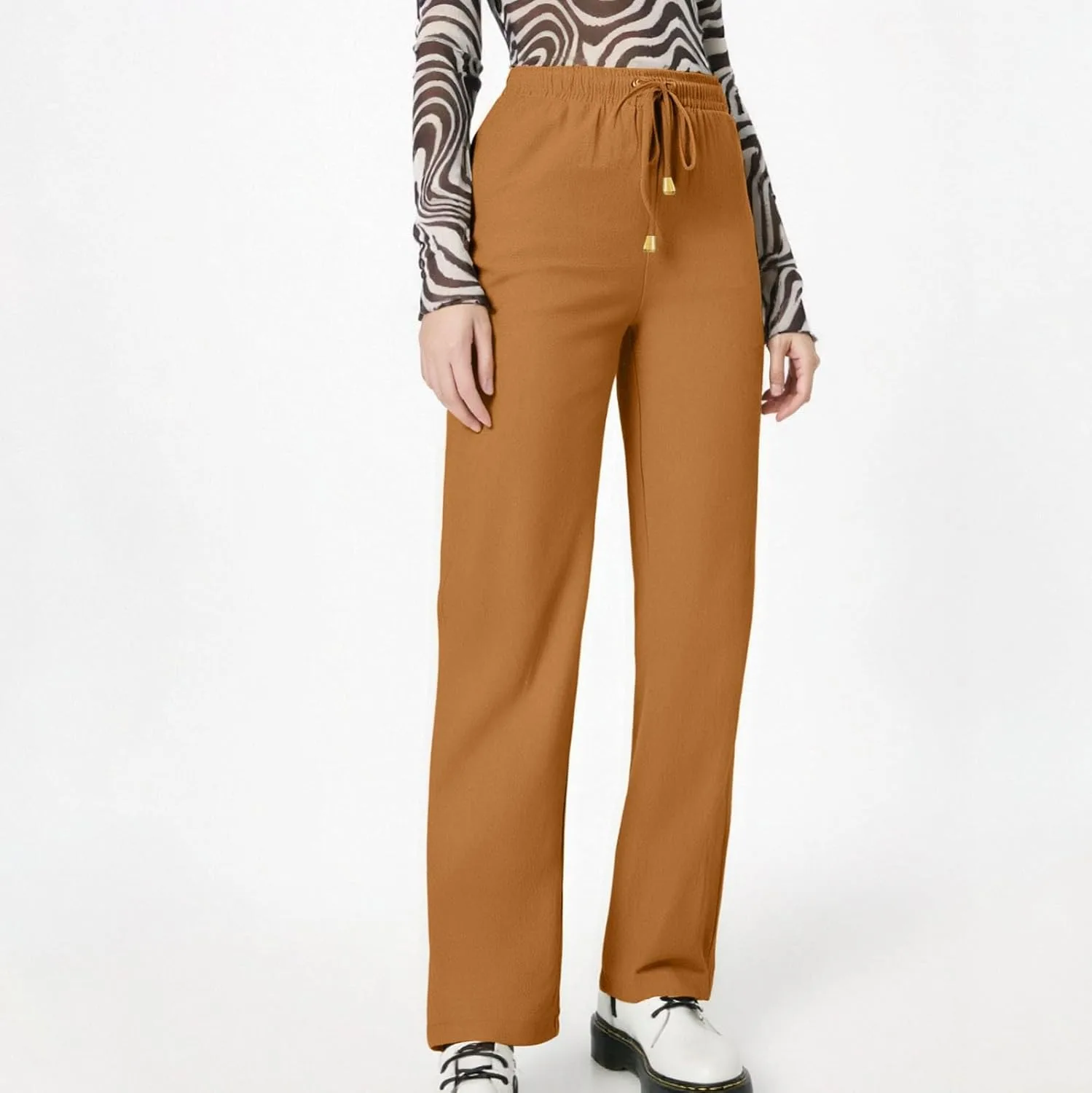 Женские брюки Wide Leg из льна для лета и пляжа, свободного кроя, с высокой посадкой, легкие, хлопок-лен, с карманами Generic, оранжевый — фото 4