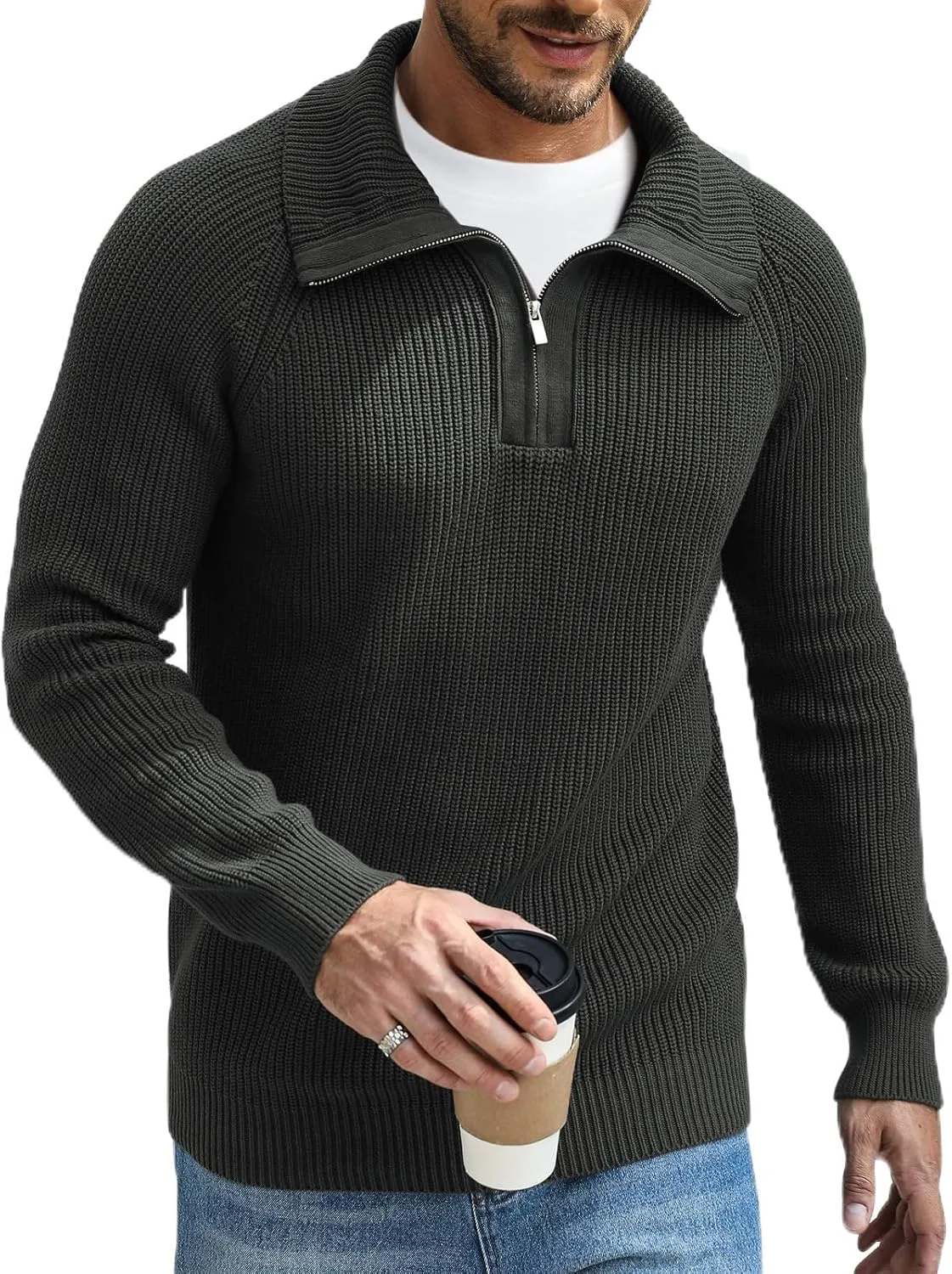 

Мужской пуловер с четвертью молнии slim fit легкий кабельной вязки Suvifuly