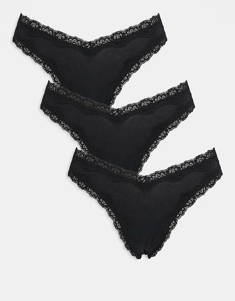 

Комплект из 3 хлопковых стрингов ASOS DESIGN с V-образным вырезом спереди и кружевной отделкой, черный цвет