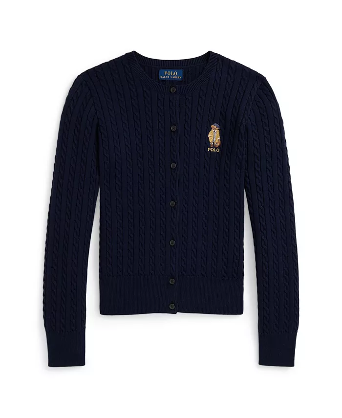 

Детская поло кардиган с мишкой и мелкой резинкой для девочек 7-16 Polo Ralph Lauren, синий
