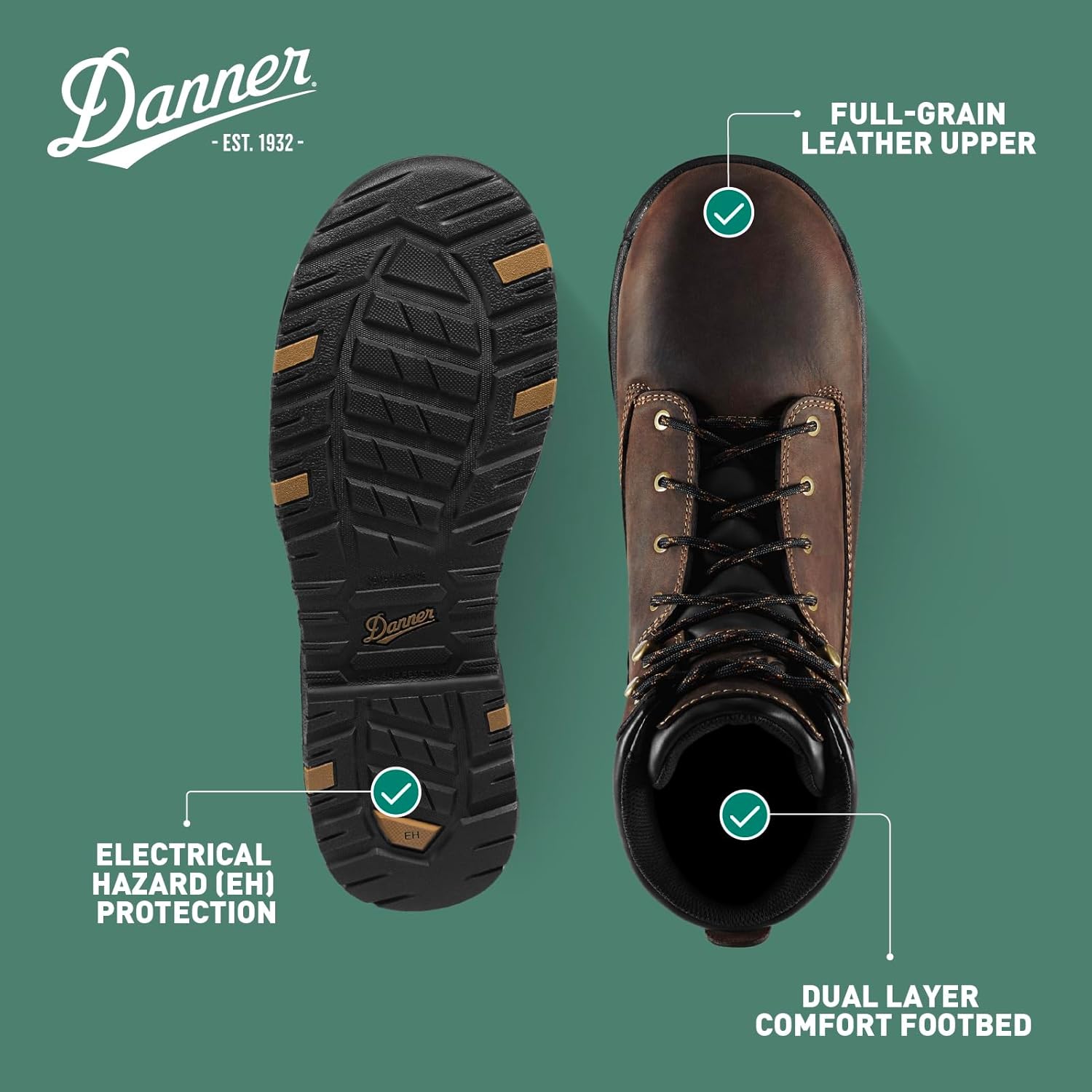 Водонепроницаемые ботинки для мужчин Danner Caliper 6 - полностью натуральная кожа с дышащей подкладкой Danner Dry, стелькой с эффектом памяти и противоскользящей подошвой на пятке, коричневый — фото 4
