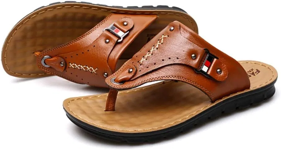 Шлепанцы Herren-Strand, Rindsleder-Obermaterial, Sommer-Hausschuhe, lässige offene Zehensandalen für Spaziergänge, Strand, Pool, 38-44 Generic, Yellow Brown