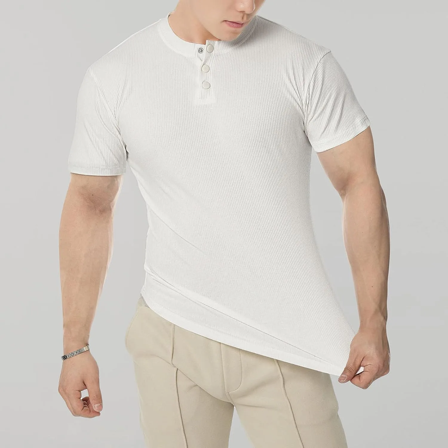 Мужская футболка Henley с пуговицами, Casual, Slim Fit, мягкий хлопок — фото 2