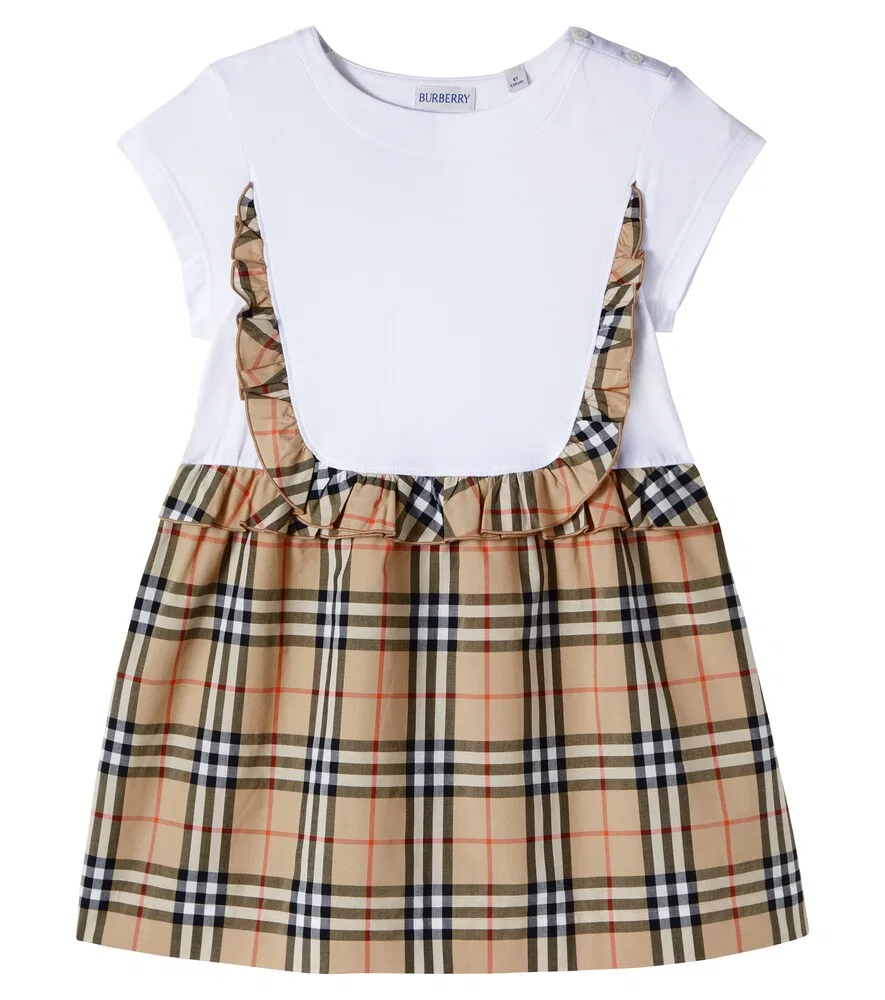 Платье Burberry в клетку с оборками из хлопковой смеси Burberry Kids, бежевый