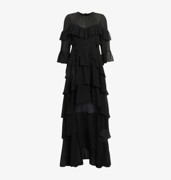 

Платье макси из переработанного полиэстера с оборками Allsaints, черный