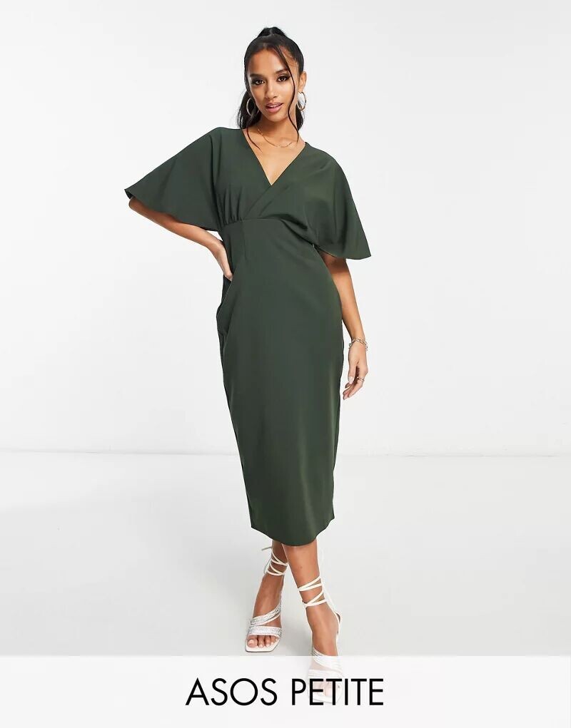 

Плиссированное платье миди с объемными рукавами цвета хаки ASOS DESIGN Petite