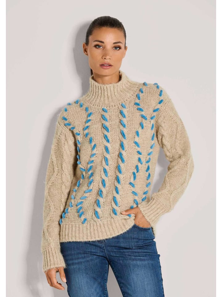 

MADELEINE Модный объемный вязаный свитер с элементами фольклора в карамельном/меланжевом/синем цвете