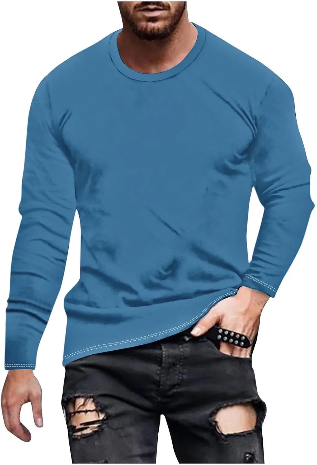 

Футболка с длинным рукавом для мужчин Basic Solid Athletic Gym Pullover Loose Fit Plus Size Crewneck