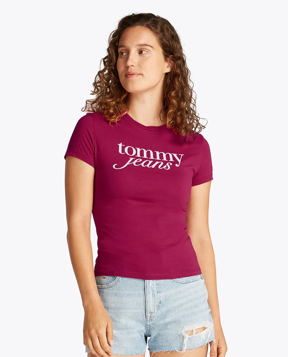 

Женская облегающая футболка с логотипом Tommy Jeans, фуксия